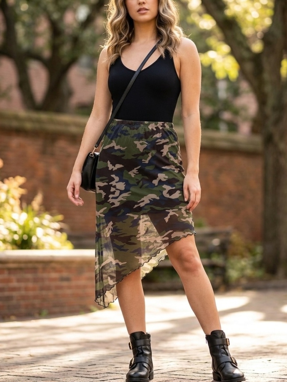 Like New Sexy BeBe Mesh Formfitting Asymmetrical Green Camouflage Skirt - Small